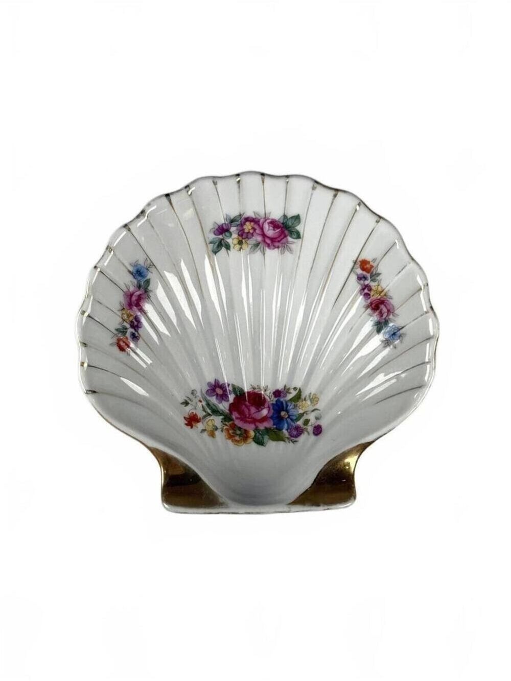 Vintage Occupied Japan Porcelain Shell Decorative Trinket Dish Floral Gold Trim